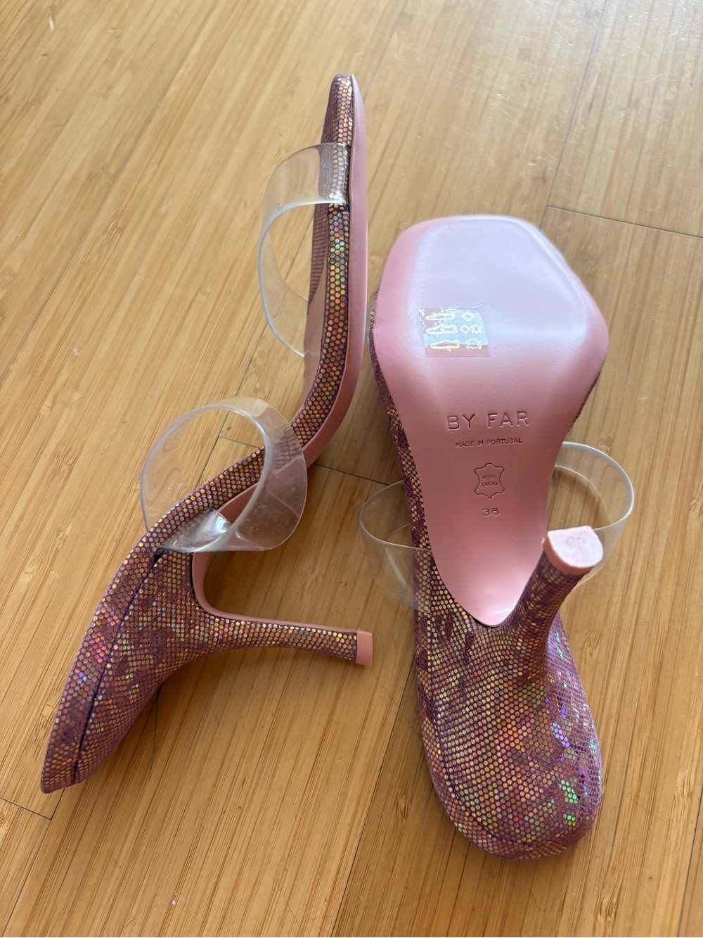 BRAND NEW by far sequin Clara Sandals 95mm transparent strap